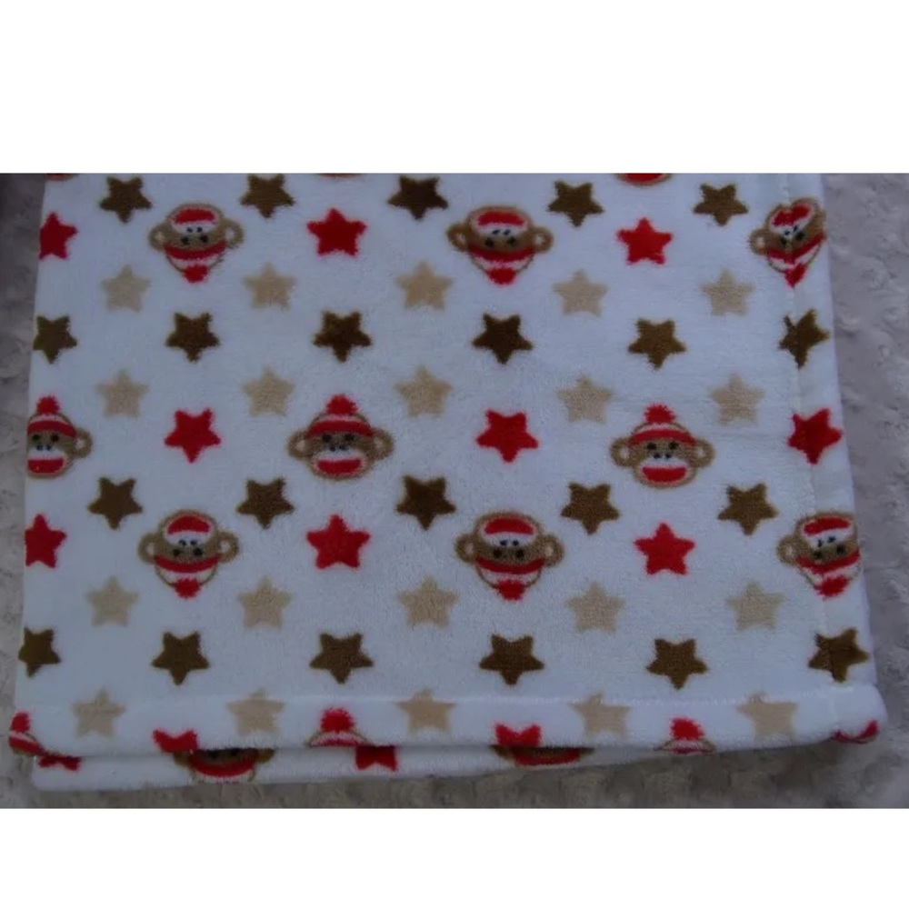 Baby Starters Sock Monkey Blanket White Red Brown Tan Stars Security Lovey Soft